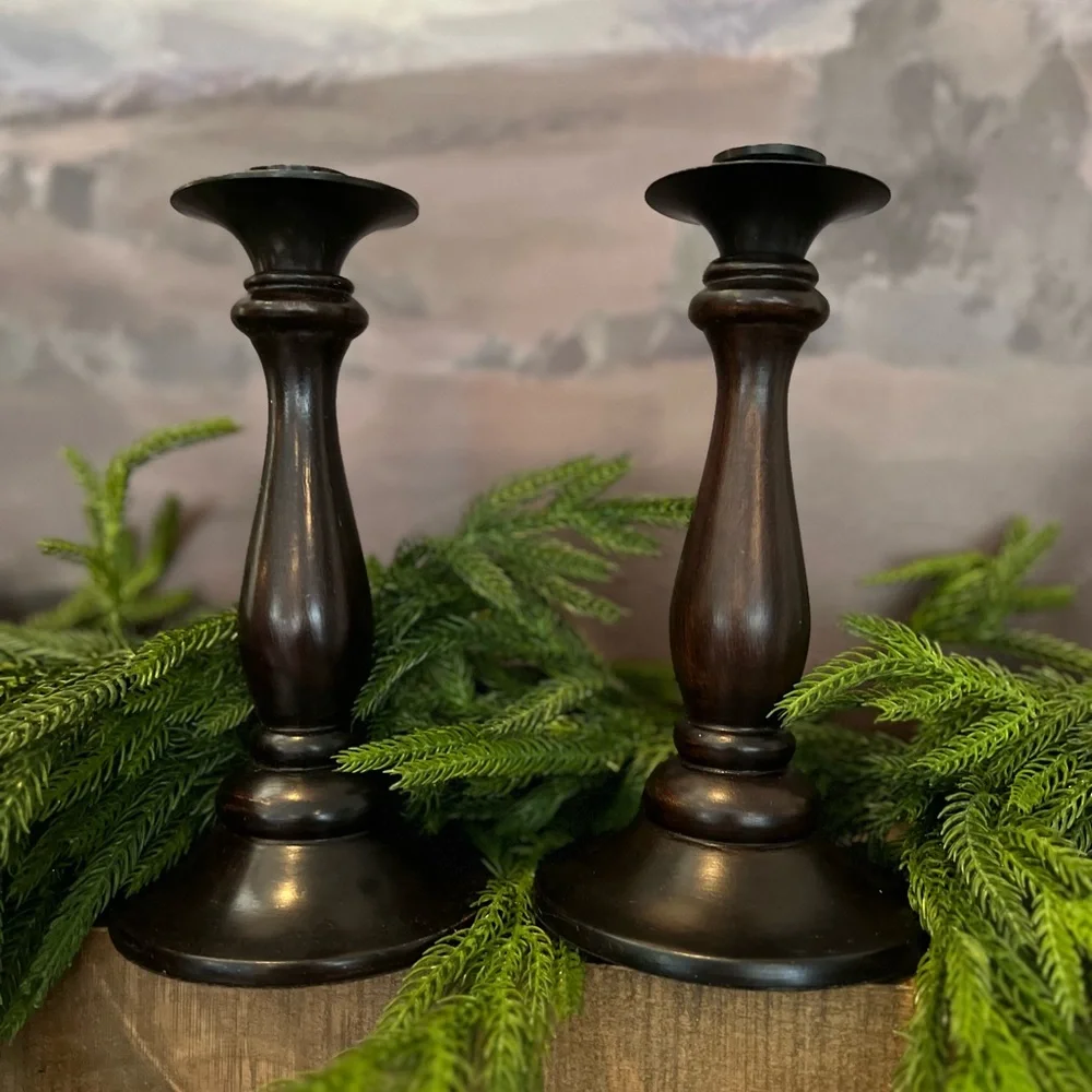 Pottery Barn Turned Wood Elevated Taper Candle Holders Lot of 2